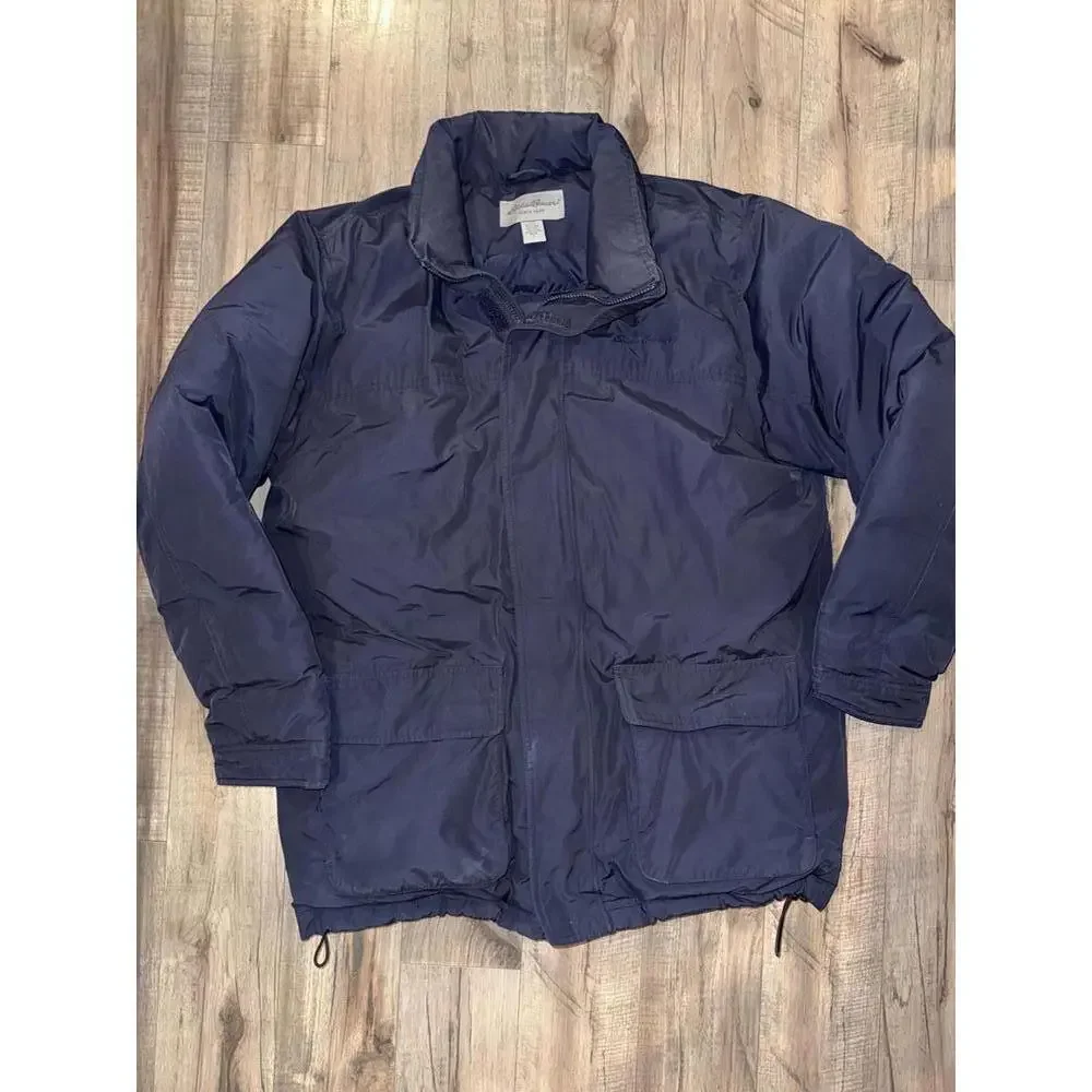 Men's Eddie Bauer Goose Down Coat Quilted Winter Jacket Navy Utility Pocket Warm